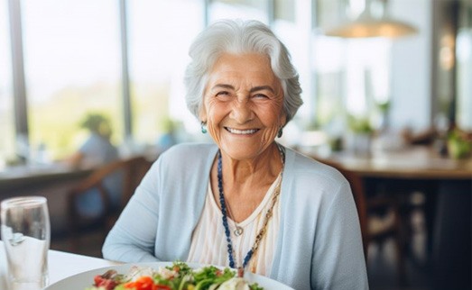 Smiling senior woman with beautiful meal in front of her